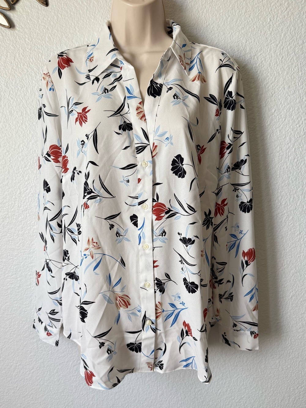 Ann Taylor White Floral Blouse with Blue and Black Accents